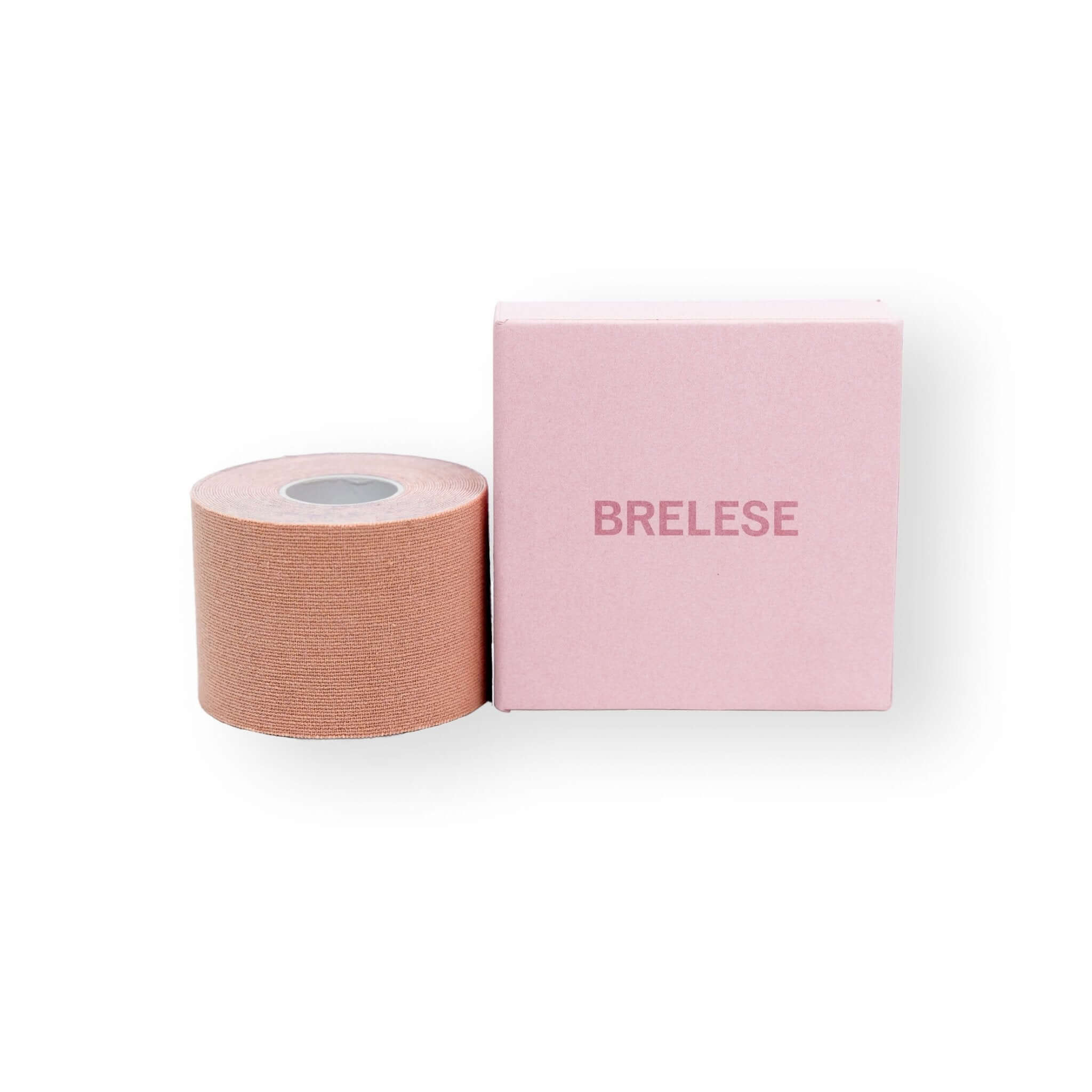 5 cm nude boob tape placed next to the pink box with the Brelese logo.