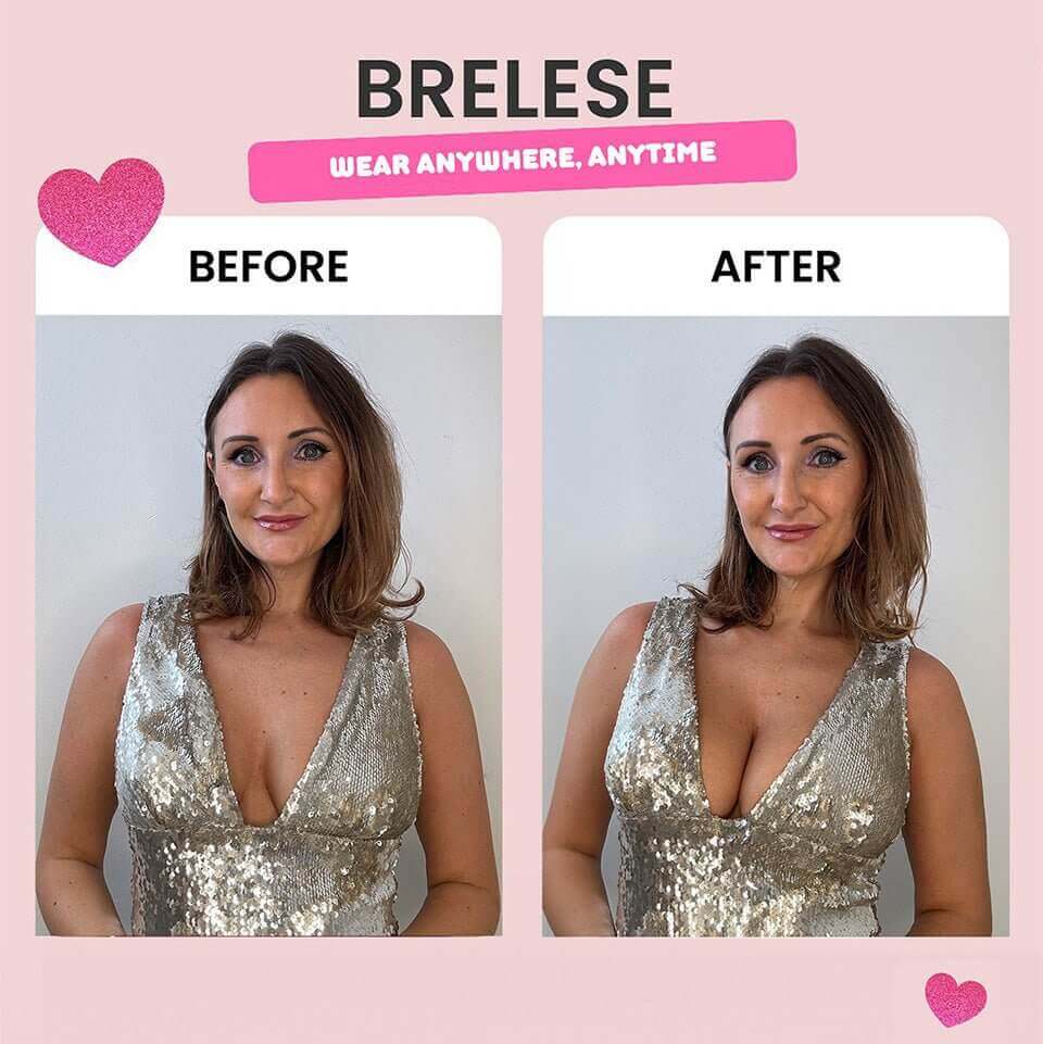 Before and After picture of Abi Campbell wearing a discreet version of sticky bra inserts