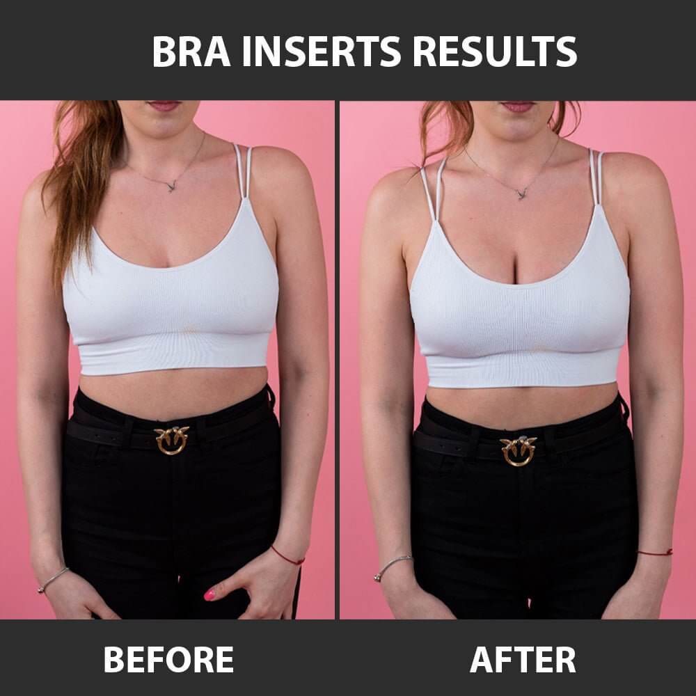 The model in the white top demonstrates the push-up effect of the inserts. The left picture shows the before, and the right picture shows the after.